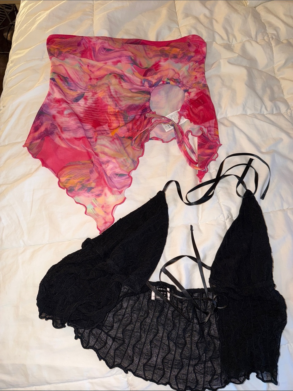 SHEIN Sheer Black Lace Bralette with Pink Multicolor Mesh Scarf